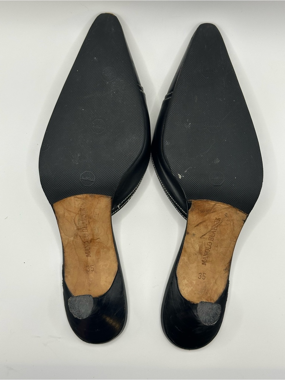 Manolo Blahnik Black Leather Pointed Slip-On Mules with Contrast Stitching - Picture 3 of 5
